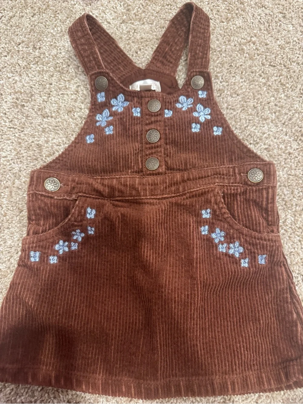 Nannette Brown Corduroy Pinafore Dress with Blue Floral Embroidery